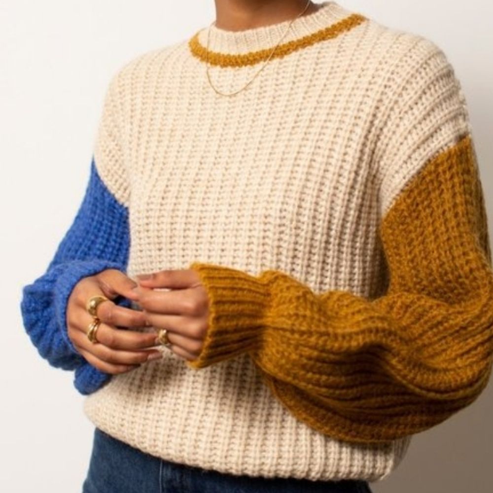 Paloma Wool Cream Colorblock Crewneck Sweater with Mustard and Blue Accents